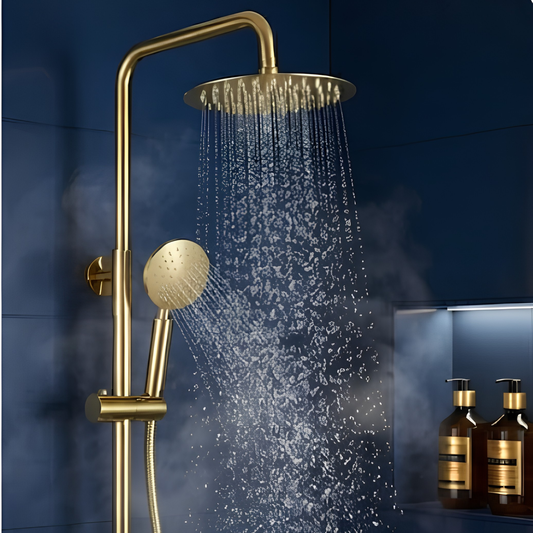 Colonne de douche dorée thermostatique avec pomme effet pluie