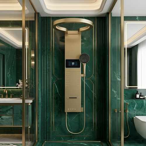 Colonne de Douche Dorée – Pommeau Anneau, Cascade & Écran LED