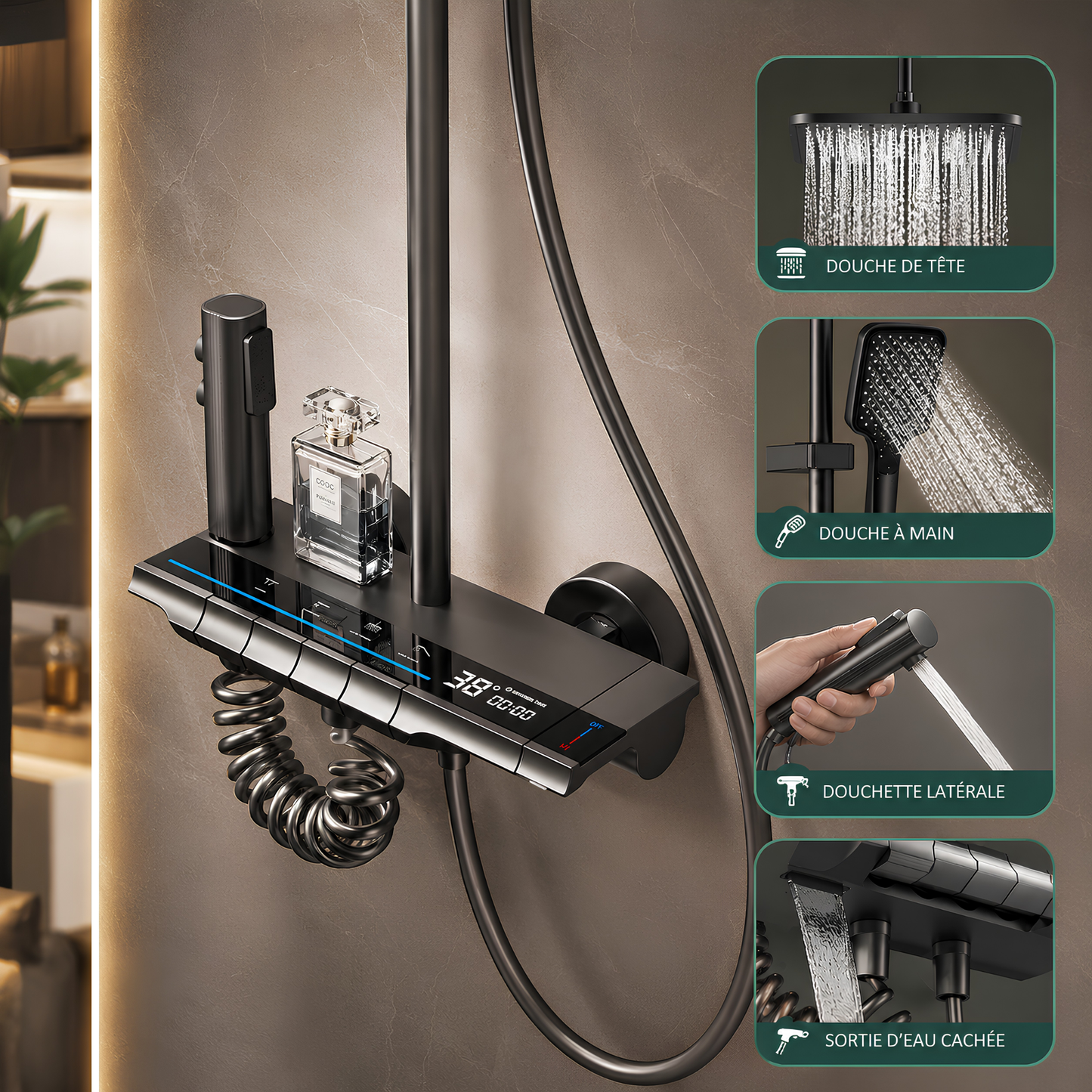 Système de Douche LED Thermostatique Laiton